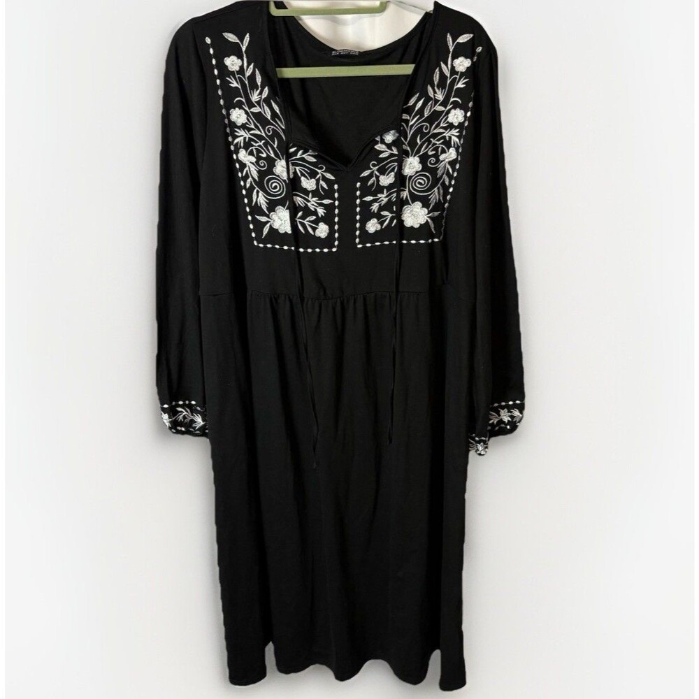 Bloomchic 18-20 Boho Black White Peasant Dress Long Sleeve Midi Festival Boho